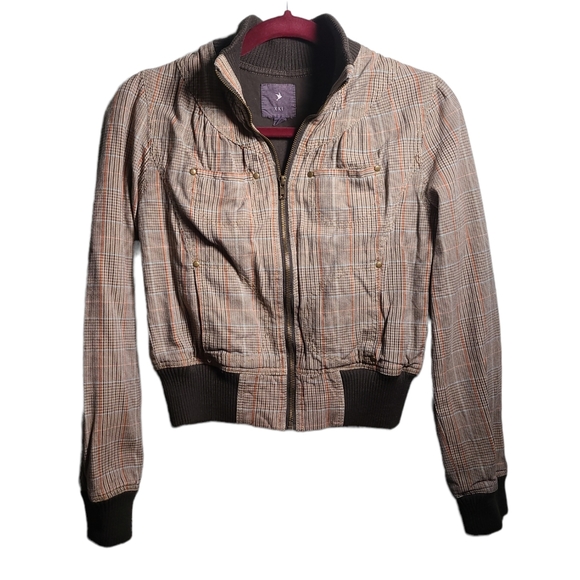 Forever 21 XXI Brown Tan Plaid Moto Crop Bomber Jacket S - Picture 1 of 8
